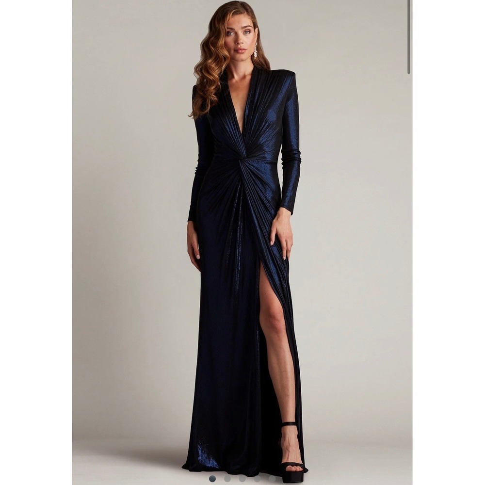 Tadashi Shoji NWT Ferrum Metallic Twist Drape Gown Royal Navy Blue Maxi L $669